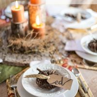 Thanksgiving table setting ideas using fabric and nature.