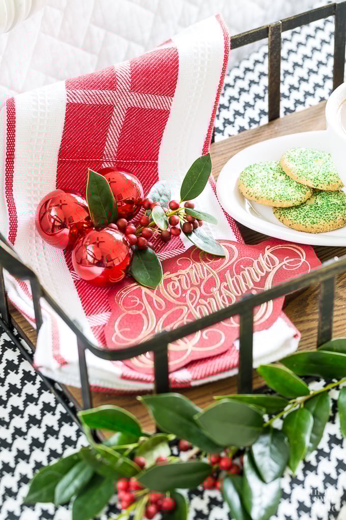 serving tray with Christmas cookies and napkin.
