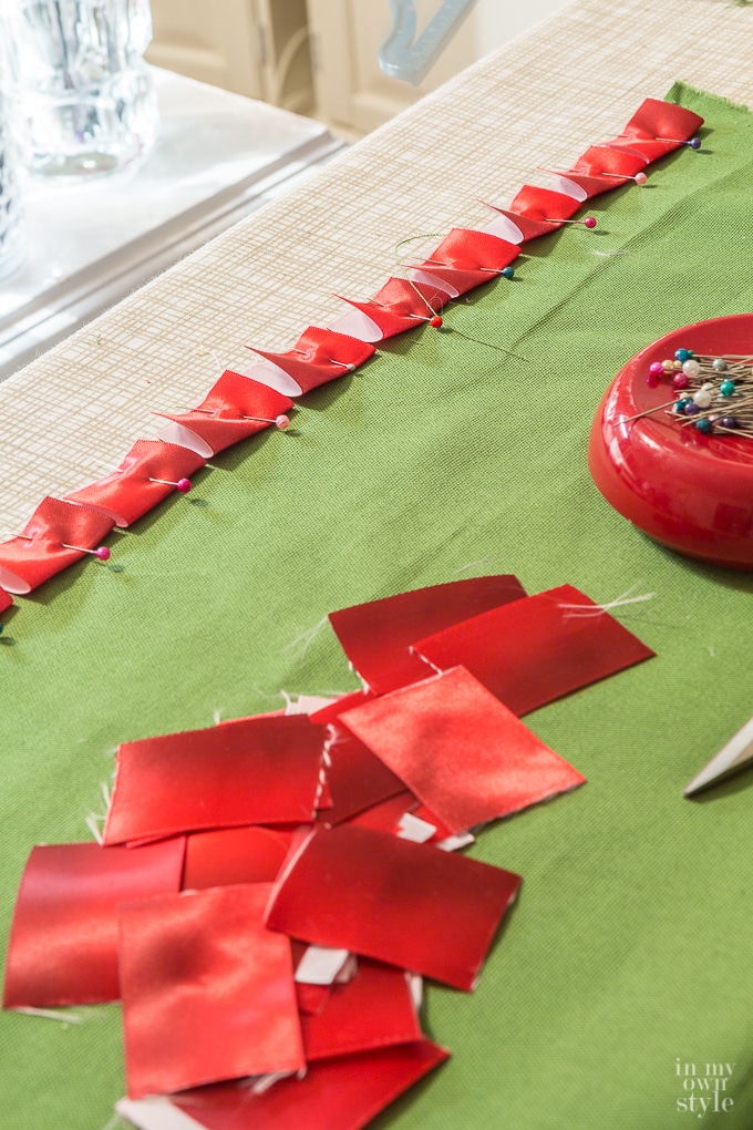 waverly-guest-room-pillow using ribbon being made.