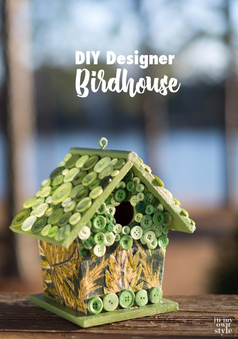 Decorate and paint a designer birdhouse. Craft idea for decorating a birdhouse with paint, fabric, and buttons.
