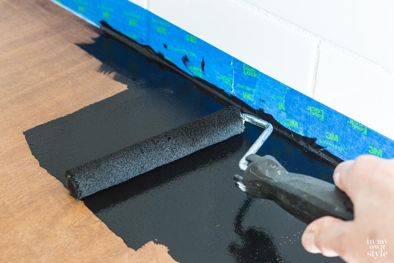 Roll on primer used to paint over laminate counters