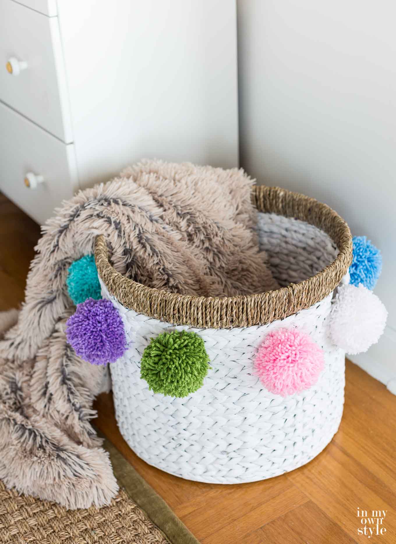 how to make a DIY pom pom basket for storage and organizing