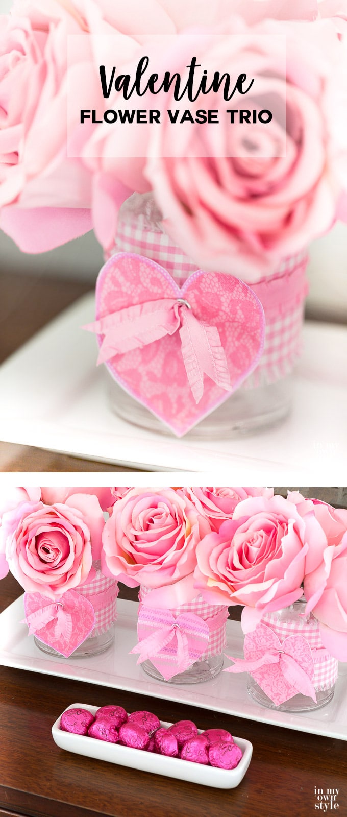 DIY Valentine's Day idea for flower vases using drinking glasses and fabric.
