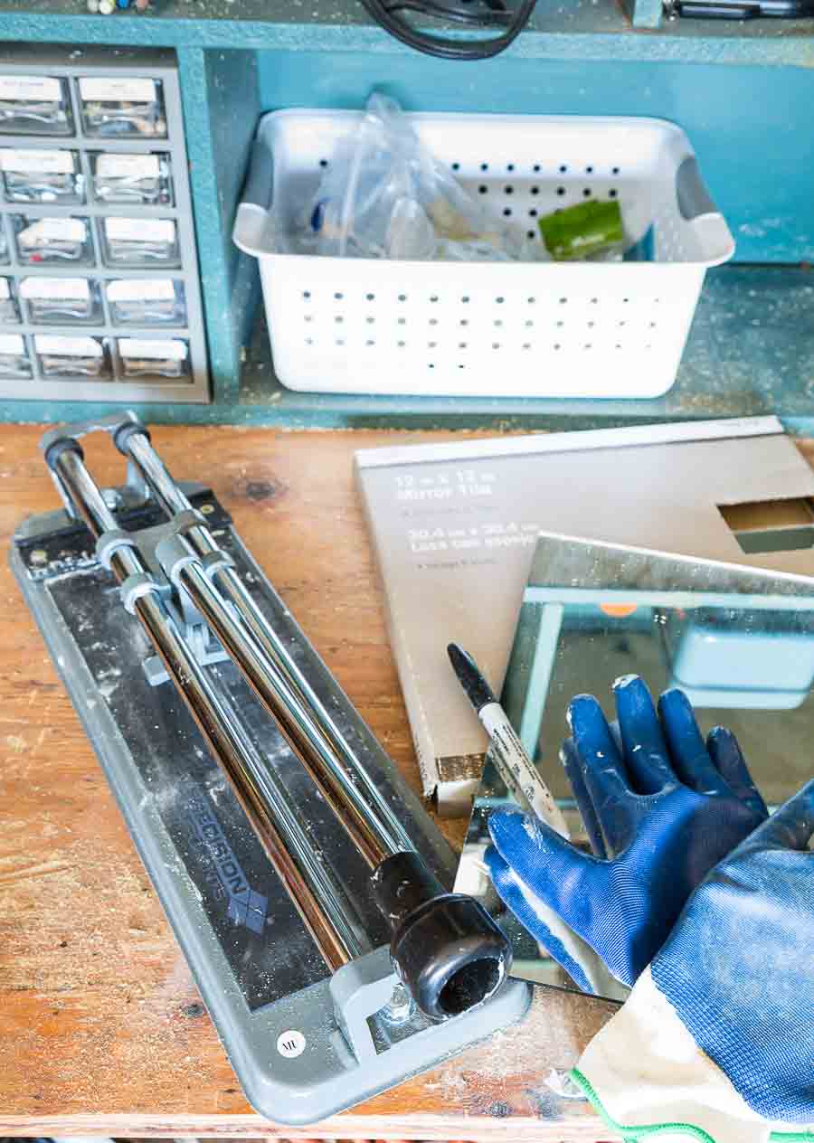 how to cut mirror tiles to make a fake transom over a door or window