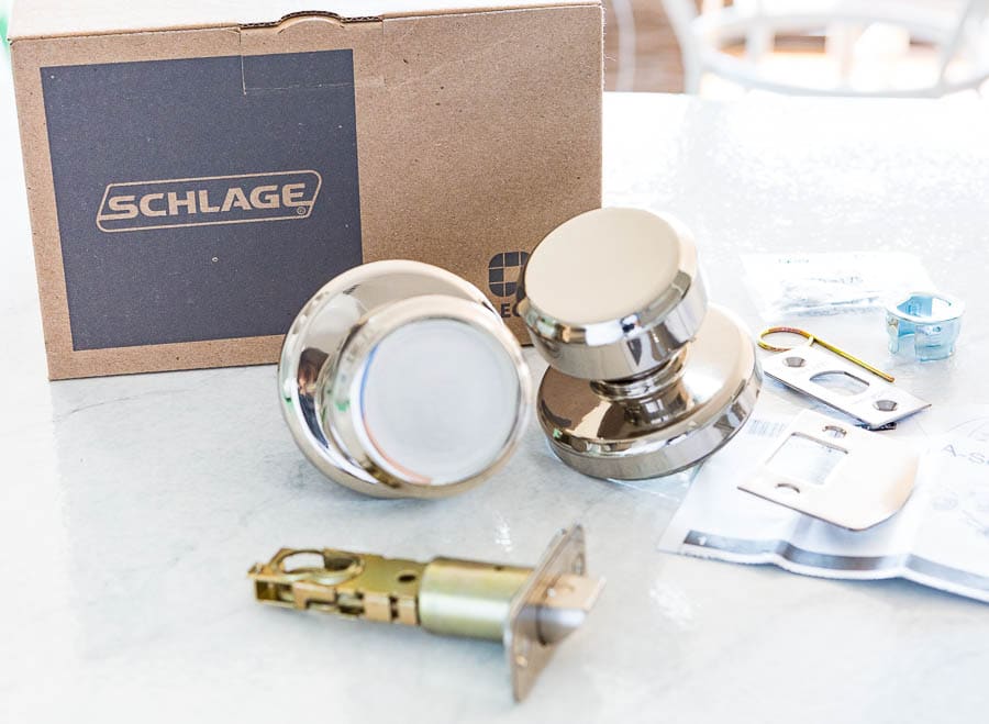 Schlage Bowery Doorknobs with Greyson Trim in Polished nickel