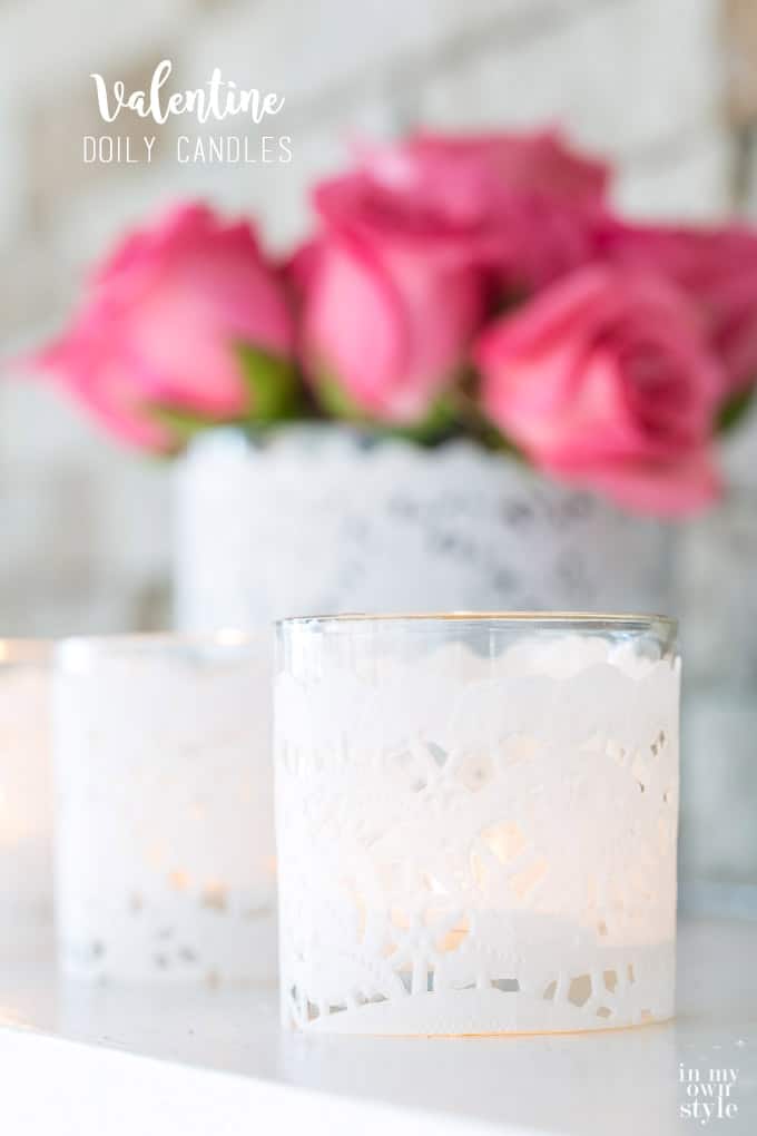 Valentine's decorating idea that can be done in 10 minutes. Make these sweet doily covered votive holders to light your home or table.