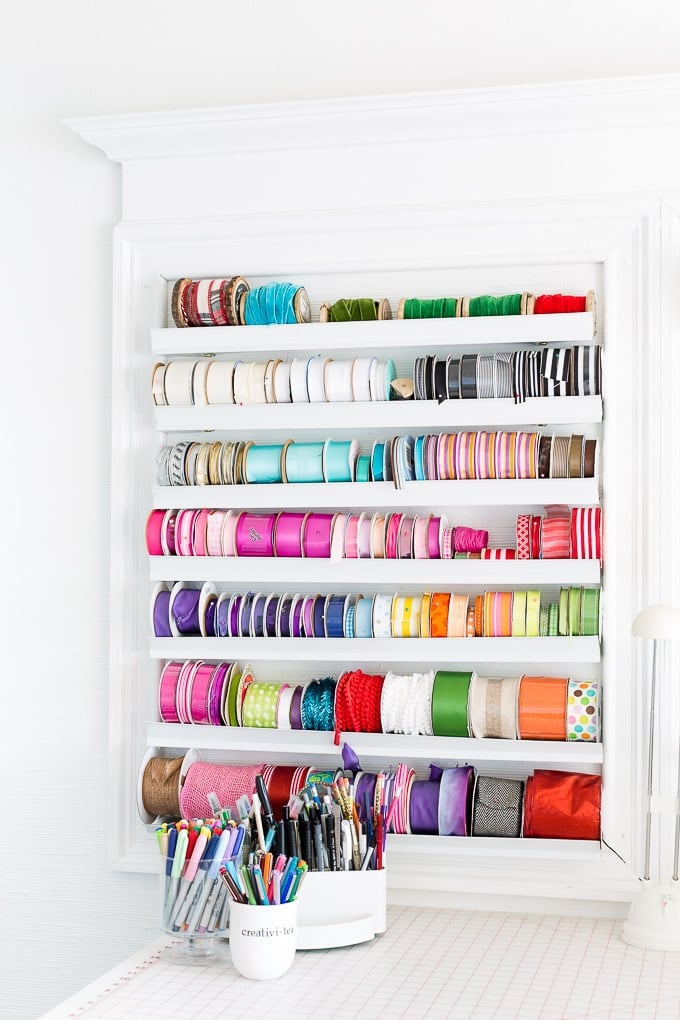 DIY ribbon organizer to make for easy to access ribbon storage