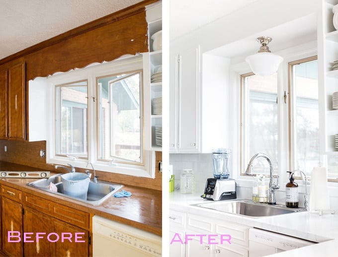 Before and after kitchen where the dated scalloped wood valance over the kitchen sink was removed. This post shows you how to do it.