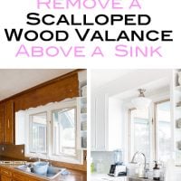 Before and after kitchen where the dated wood valance over the kitchen sink was removed. This post shows you how to do it.