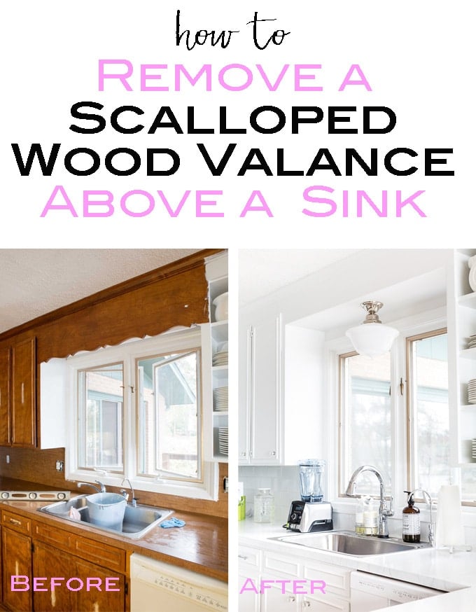 How to remove the dated scalloped wood valance above a kitchen sink.