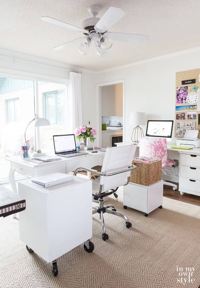 Pretty craft room with the best rug that is easy to clean.