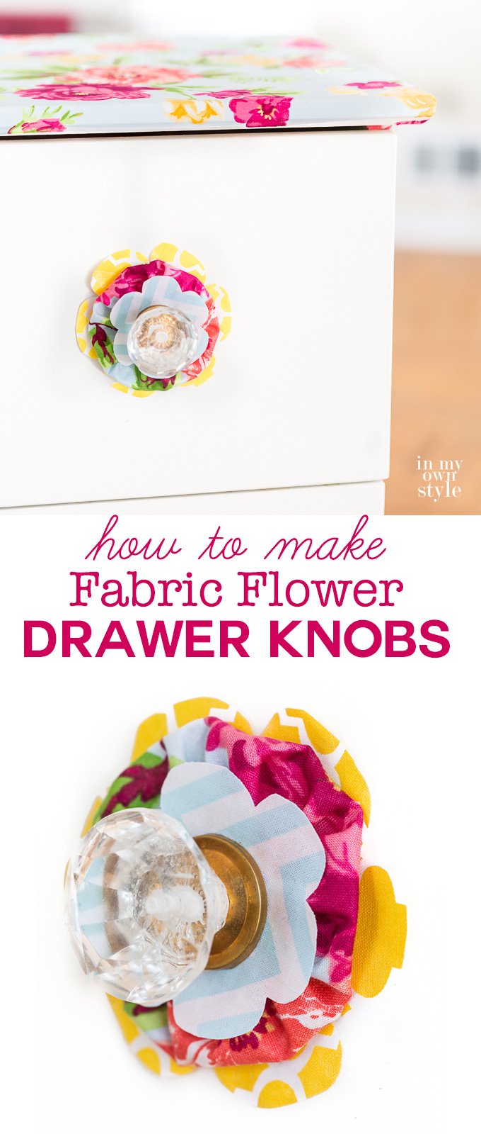 Furniture makeover idea. Take your next furniture makeover up a notch by making colorful fabric flower drawer knobs. Making them is a great way to help coordinate the fabrics you use to decorate a room. as well as a way to use up scraps of fabric. 