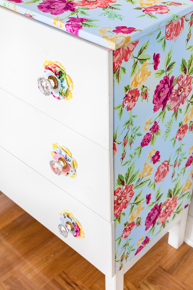 DIY furniture makeover using fabric and liquid starch