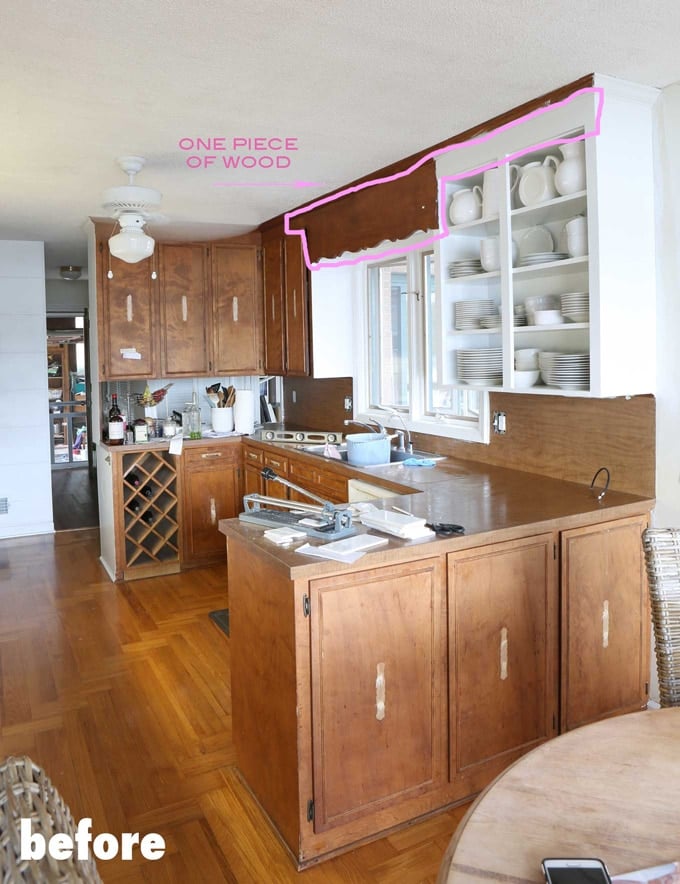 How to update a kitchen by removing the scalloped valance over the sink.