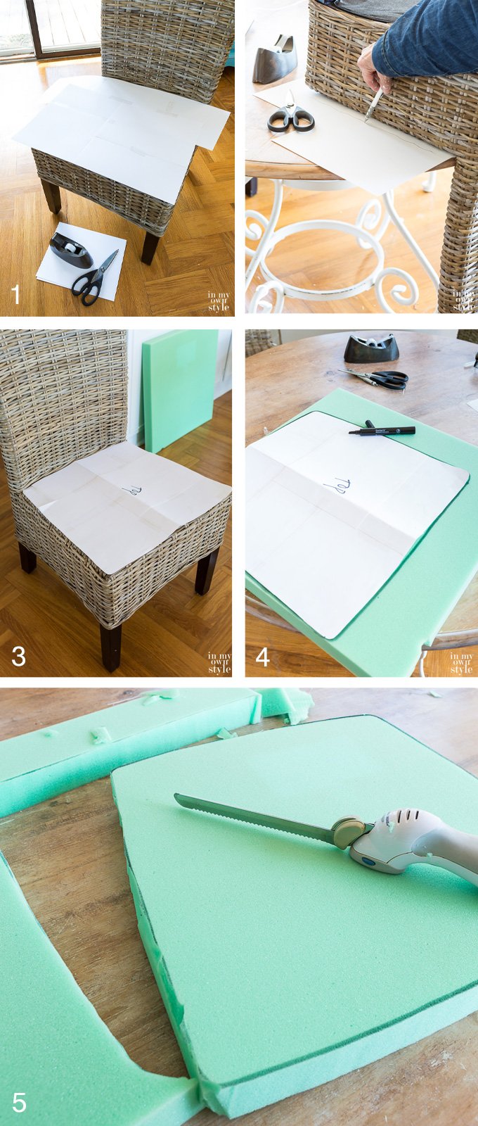 Tutorial showing how to make affordable custom chair cushions for dining chairs