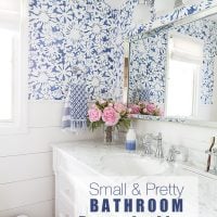 Blue and White small bathroom with stenciled walls and white vanity.