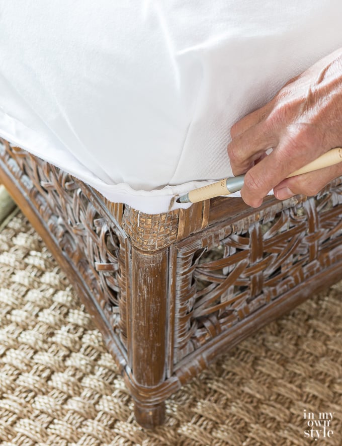how to attach pom pom trim to a slipcover