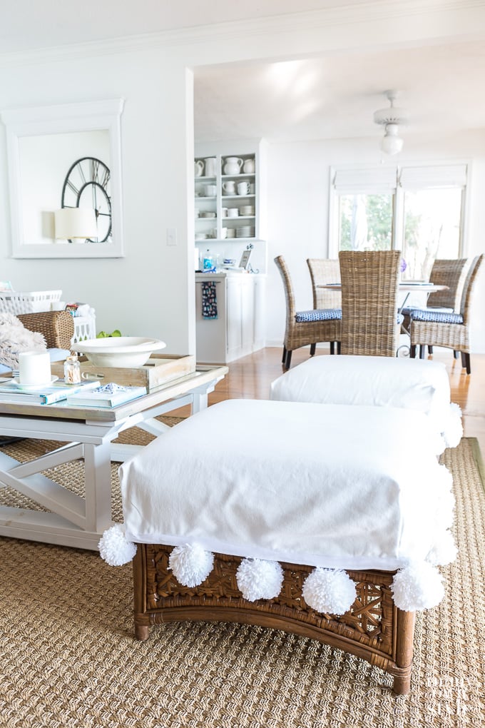 DIY Ottoman Slipcover with Removable Large Pom Pom Trim