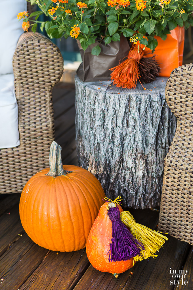 raffia tassels on a pumpkin
