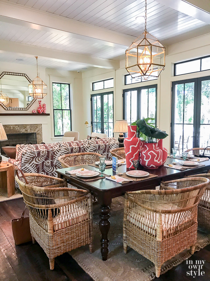 the dining table using vintage wicker seating