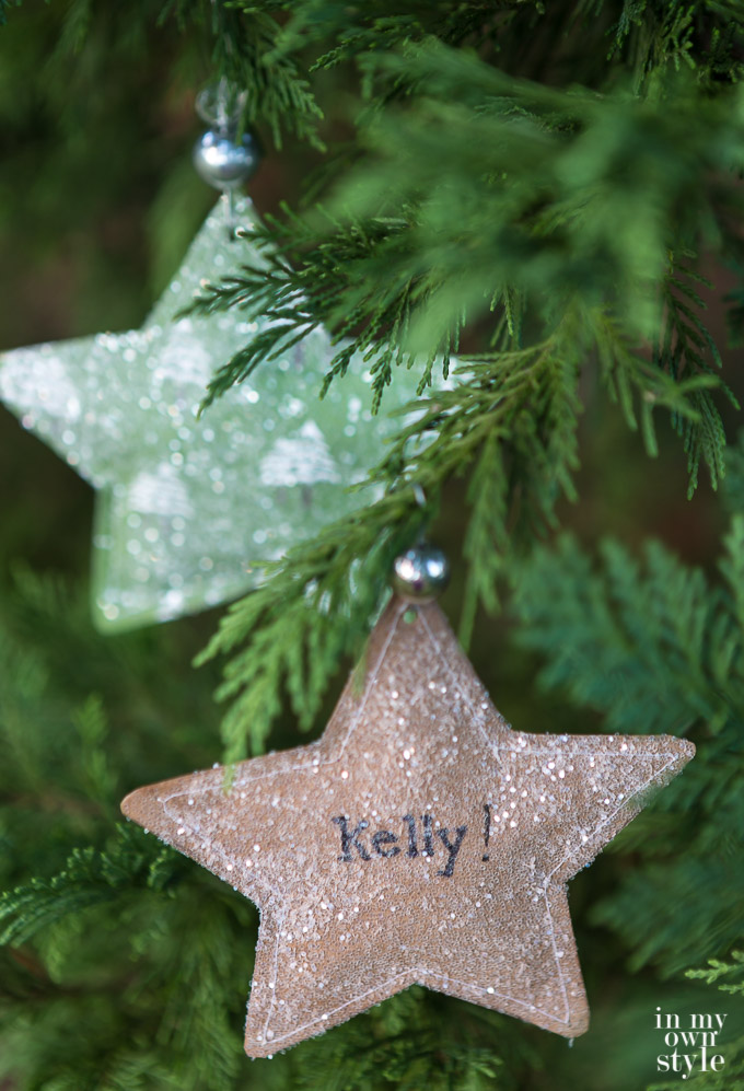 Glitter star ornament made using scrapbook paper card stock.