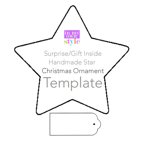 Handmade Christmas Star Ornament template that you can use to make to fill with a small gift to hang on a Christmas tree.