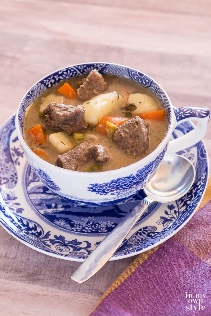 Best Beef Stew Recipe served for lunch in a Spode Italian Large cup and saucer.