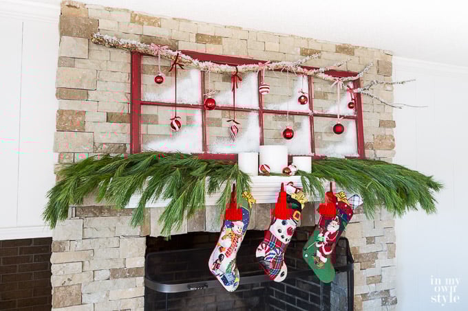 Christmas Mantel Idea Frosted Window Panes