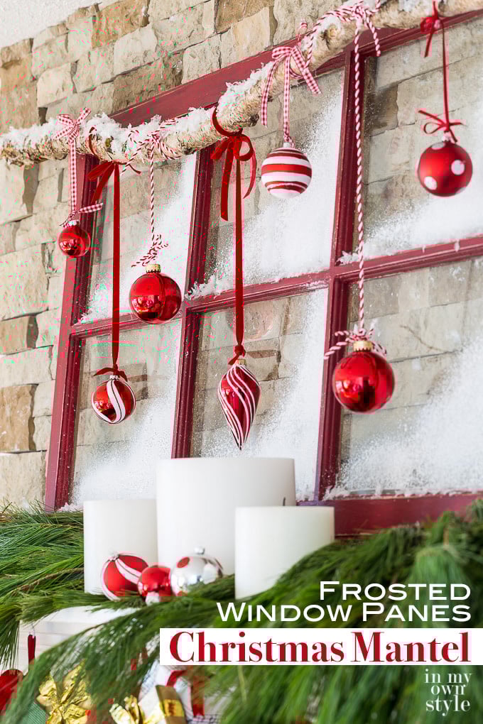 Christmas mantel decorating idea that repurposes an old window sash to create a frosted window pane holiday mantel. #Christmasdecorations #ChristmasDIY, #ChristmasRepurposedDecor #TraditionalChristmasDecorations
