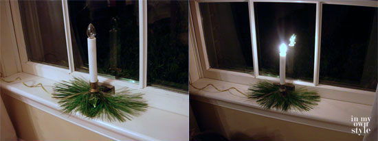 Christmas decorating candles in each window