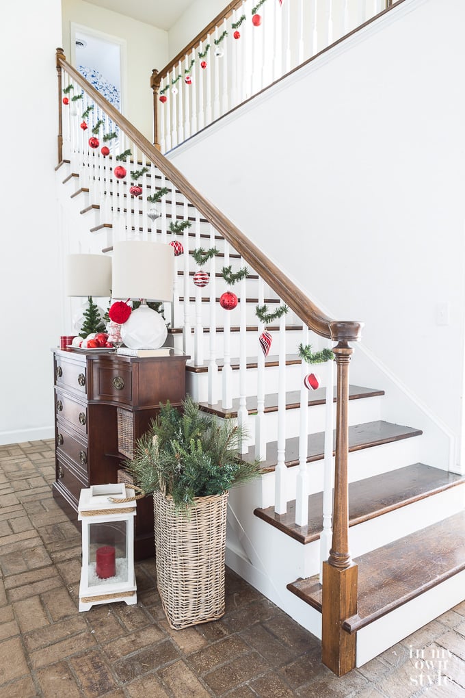 Christmas staircase decorating idea on a budget.