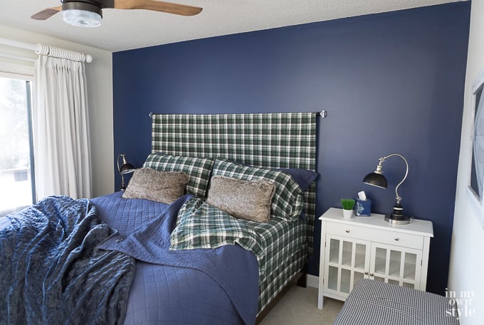 Accent wall in bedroom painted Navy Blue
