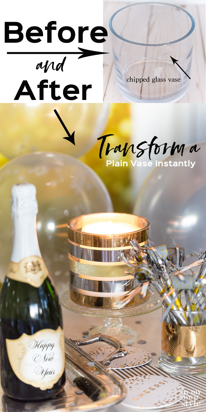 How to fix a chipped or cracked vase using decorative mirror tape. #Ducktape #entertaining #candleholder. #mirrortape
