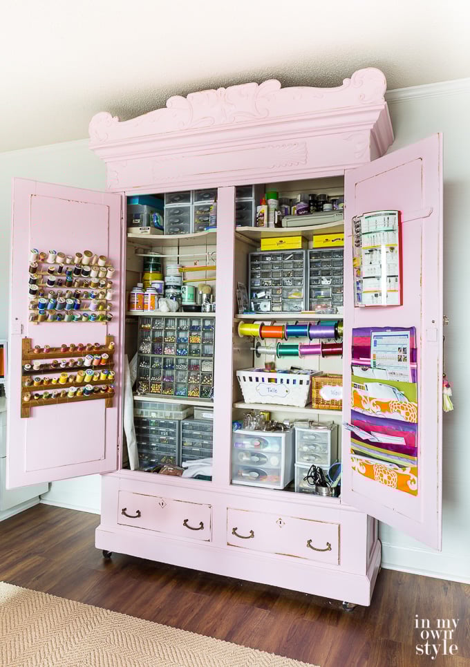 Pink craft storage cabinet for DIY home decorators