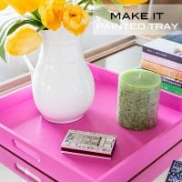 Coffee table styling idea using a tray. How to paint a tray to coordinate with a room's decor. Pink painted decorative tray.