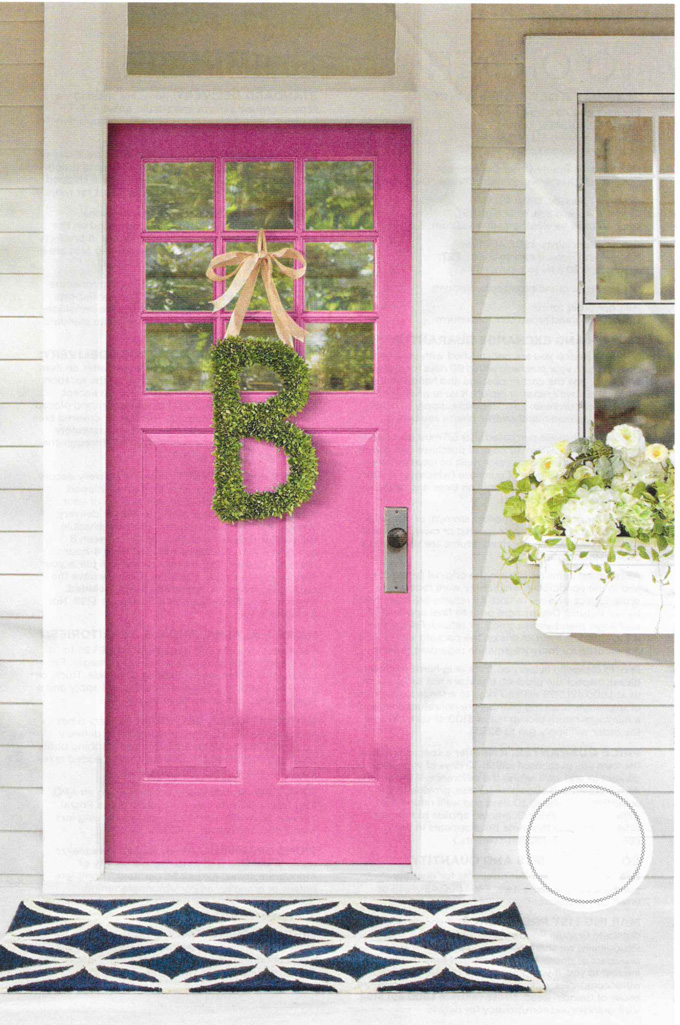 Grandin Road catalog pink door and boxwood initial wreath.