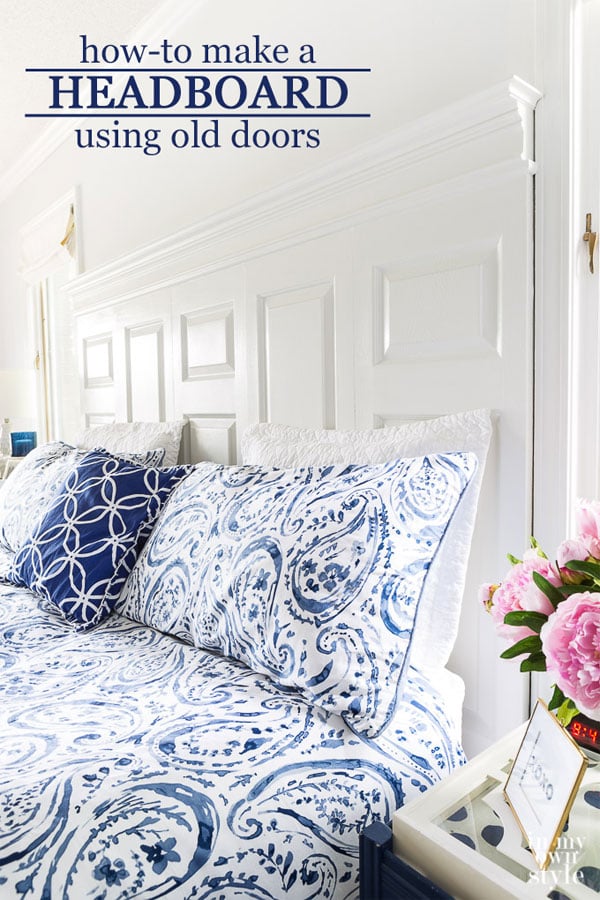 How to make a bed headboard using old doors. I used bifold doors, but you can use any size door. I found these doors at ReStore for a few dollars a piece. Step-by-step photo tutorial shows you how you can make your own. Step-by-step photo tutorial shows you how you can make your own. #bed #headboards. #salvageddoors #olddoorideas #repurposeddoors #doorheadboards #olddoorheadboards