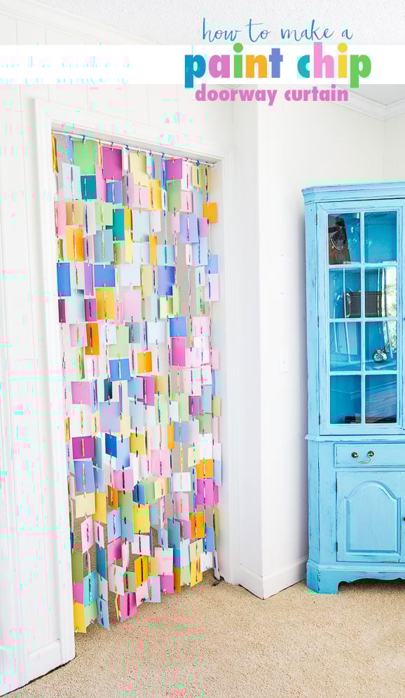 Paint Chip DIY for your home decor. When you're planning on painting your walls, you'll find yourself with more paint chips than you know what to do with. Given that they come in such pretty colors, it almost seems like a shame to throw them away... DON'T make a doorway curtain or a window curtain using them. If you don't have paint chips, use scrap book paper card stock.