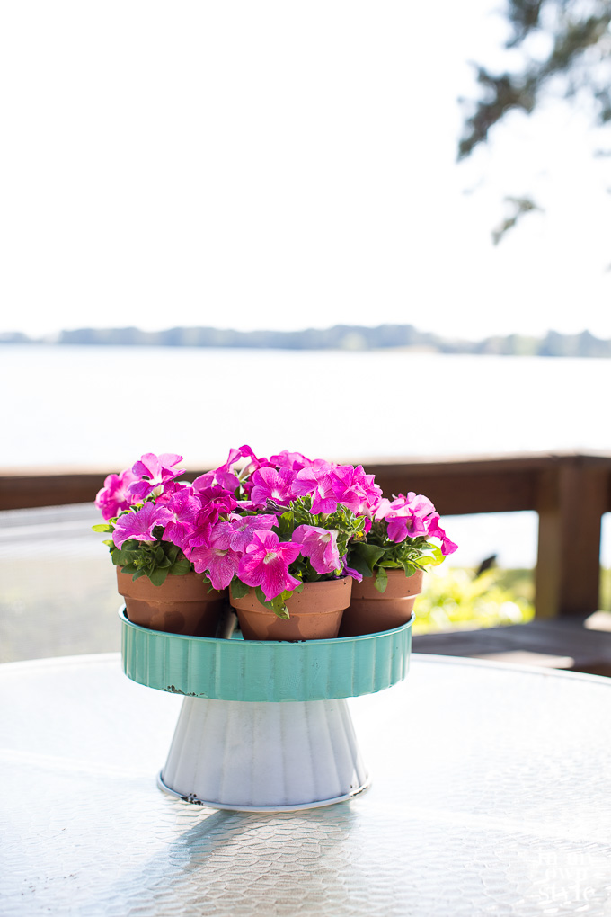 Pink Petunias displayed in a pedestal serving stand from the Trisha Yearwood Home Collection.