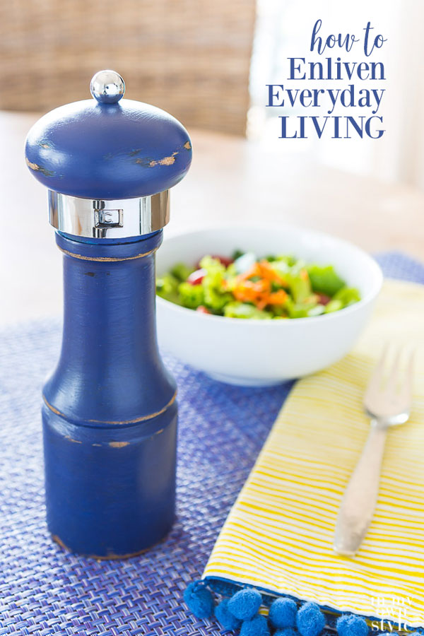 How to enliven everyday living with paint. Navy blue pepper grinder. How to paint a pepper grinder or any small wooden object with chalk paint or any paint for that matter so it coordinates with the colors in your home decor. #enliveneveryday #chalkpaint #kitchengadets #DIYkitchen