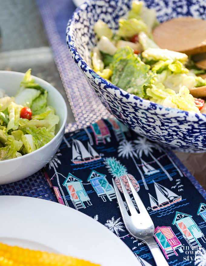 Caesar Salad recipe in blue and white bowl on table
