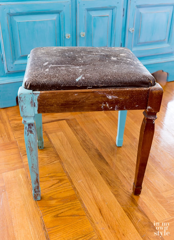 Old sewing machine square stool before makeover