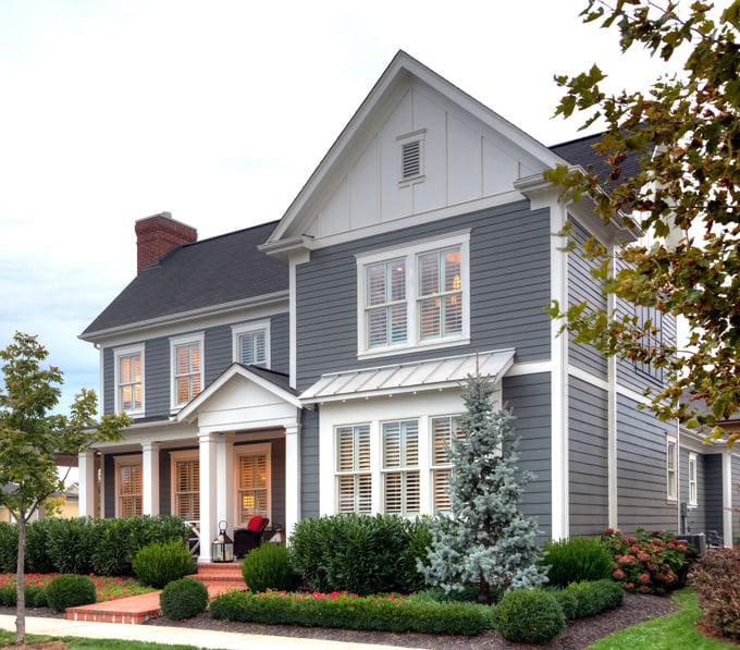 Grey home exterior with James Hardie plank siding in Grey and white