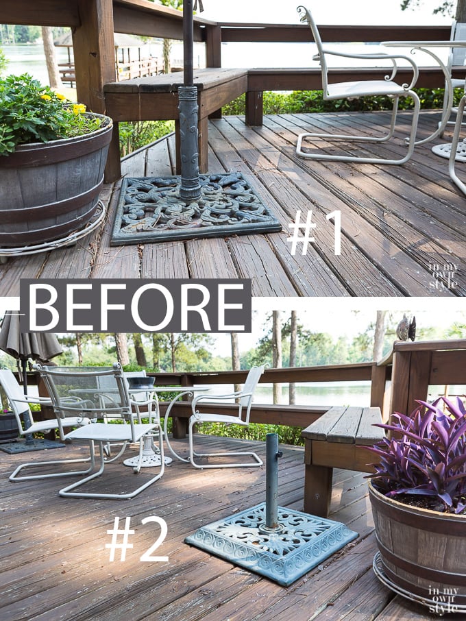 Before photo of patio umbrella stands before spray painting