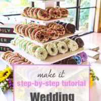 DIY wood donut stand on wedding reception table