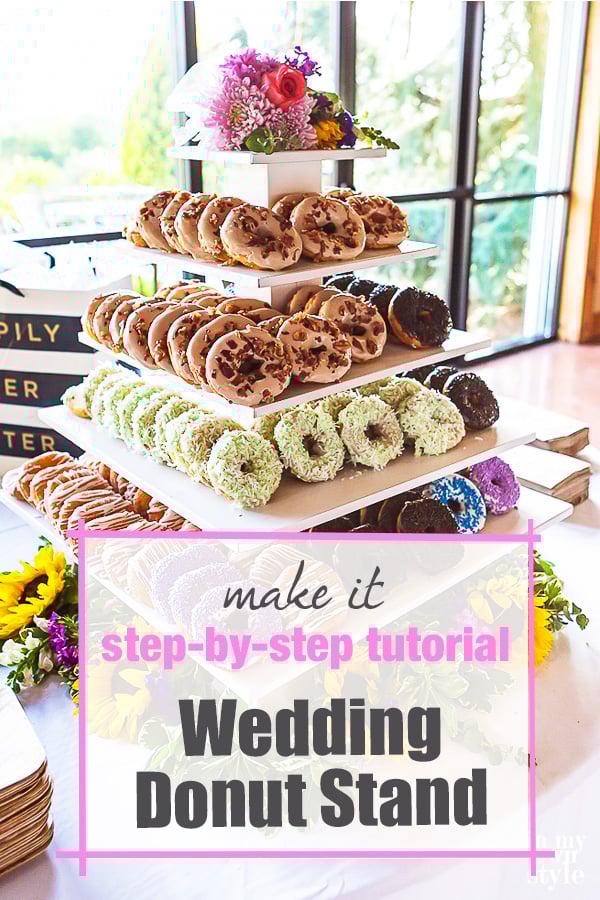 DIY wood donut stand on wedding reception table