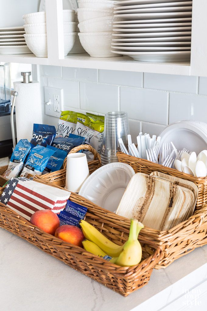 Snacks and food ideas for overnight guests placed on kitchen counter