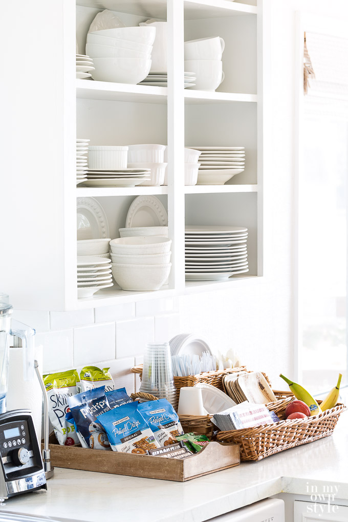 Snacks and food ideas for overnight guests placed on kitchen counter