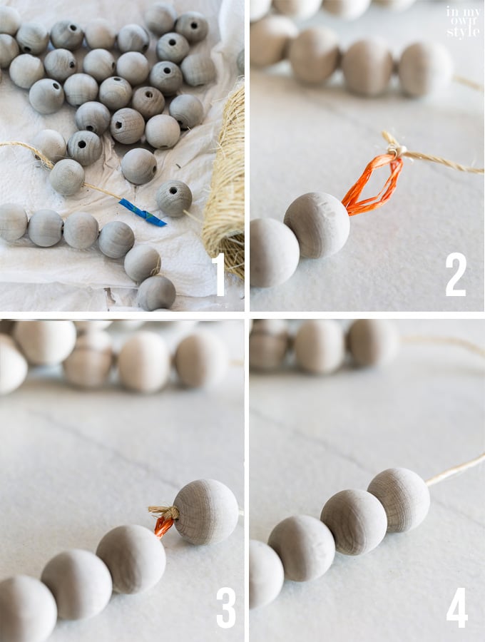 4 steps to string wood beads on twine 