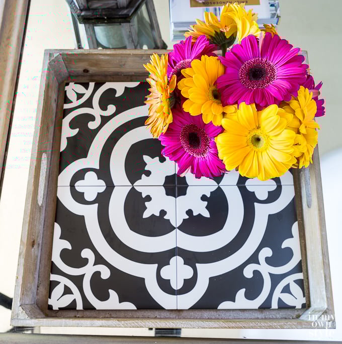 Tray after getting makeover with pretty black and white patterned tiles